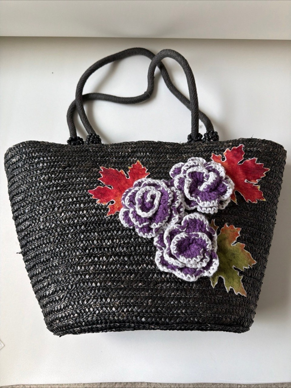 Black Woven Tote with Purple Crochet Flower Accents